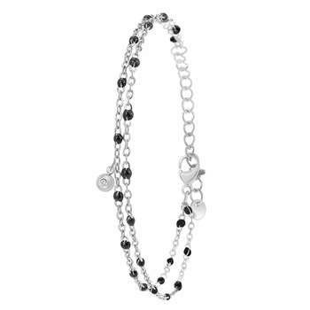 Bracelet double tour orné d'un véritable diamant et de perles en résine noires SC Crystal blanc