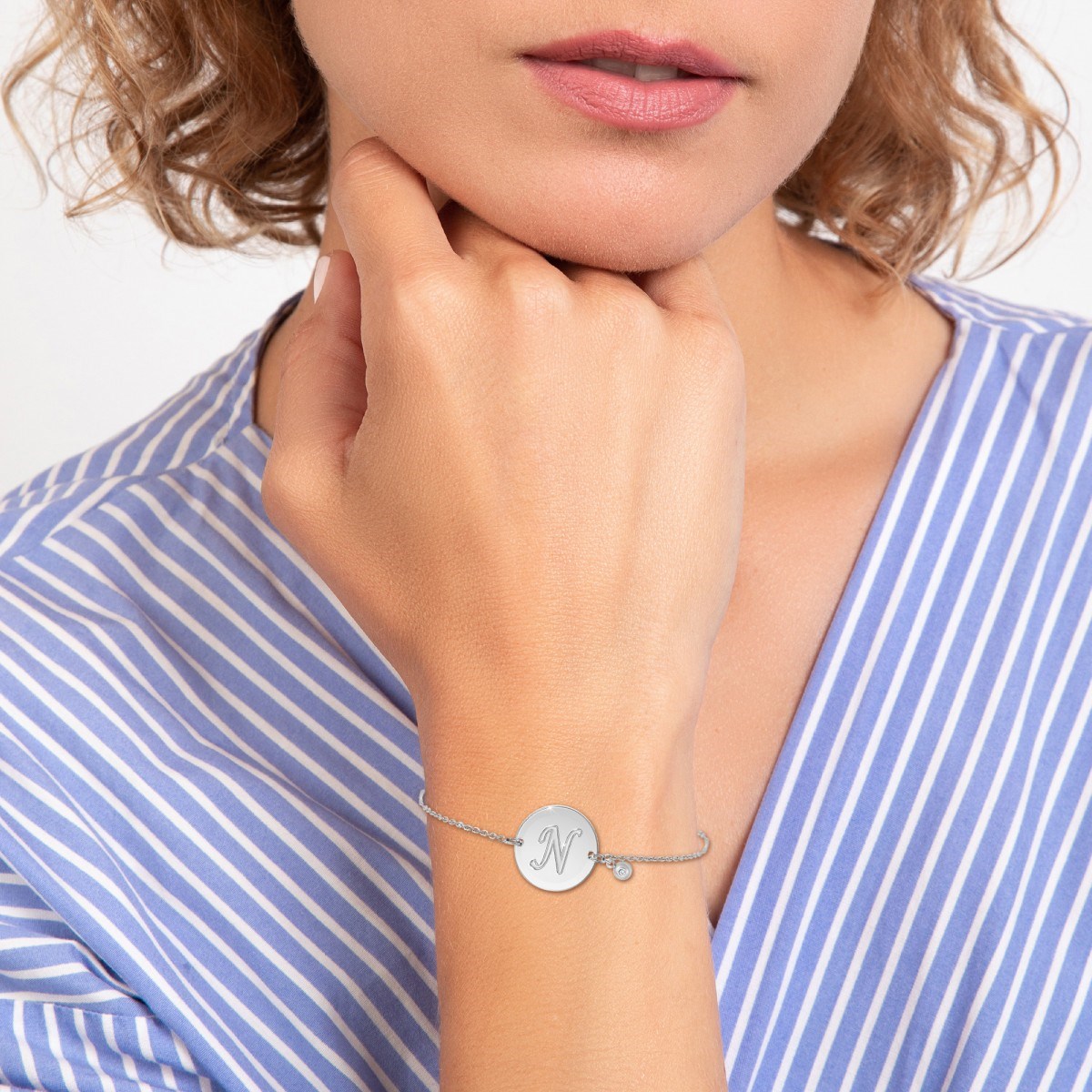Bracelet lettre N en acier inoxydable SC Crystal orné d'un véritable diamant blanc - vue 2