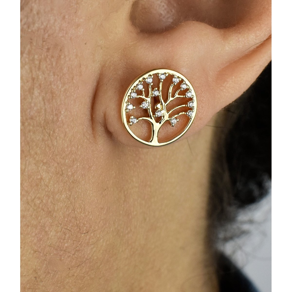 Boucles d'oreilles arbre de vie oxydes de zirconium Plaqué OR 750 3 microns - vue 2