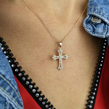 Collier croix 2 branches sertie d'oxydes de zirconium Plaqué OR 750 3 microns