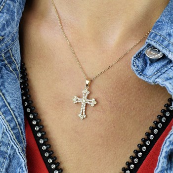 Collier croix 2 branches sertie d'oxydes de zirconium Plaqué OR 750 3 microns