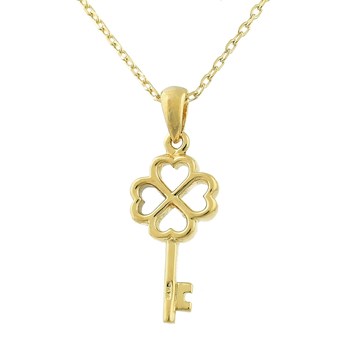 Harten sleutel ketting in de vorm van een klavertje Verguld 750 3 micron