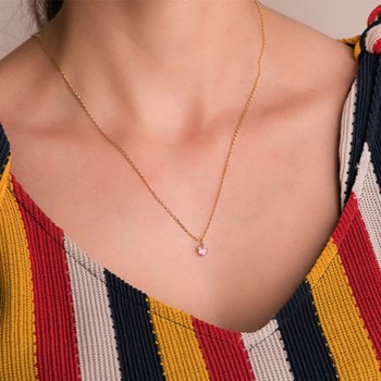Necklace - Pendant 18 Carat Yellow Gold 750/000 - Pink Zirconium - Gold Chain