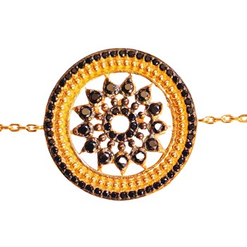 bracelet médaille ronde vitrail fleur orné de cz noir en plaqué or - 18 cm