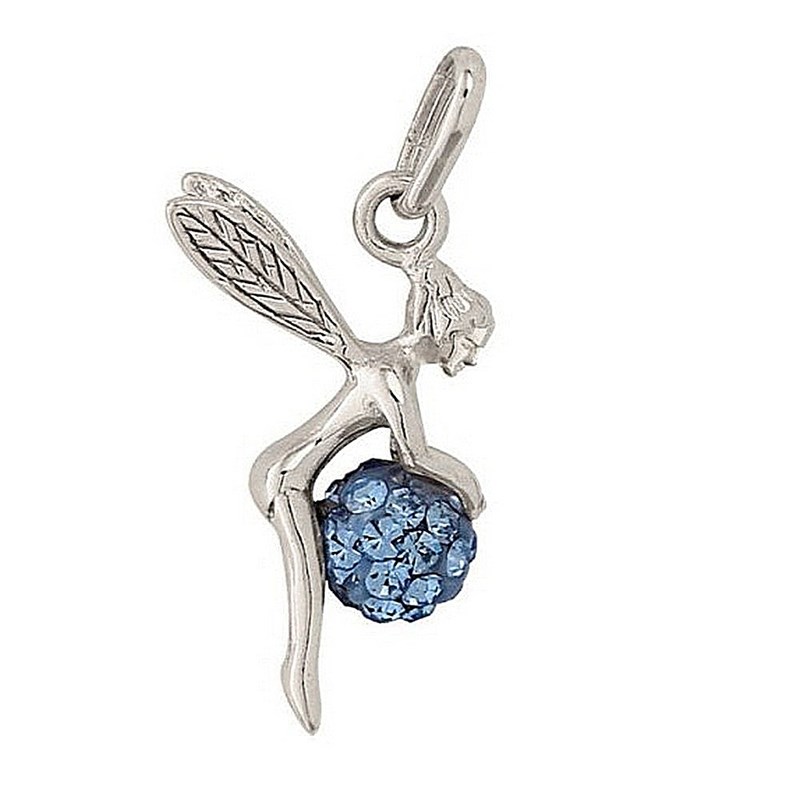 Pendentif Fée clochette et sa boule disco bleue en argent 925°/00 + chaine