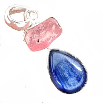 Pendentif fantaisie en quartz rose brut, kyanite bleue et argent + chaine 2,5cm gxi192