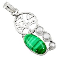 Pendentif arbre de vie serti d'1 malachite verte, perles blanches et argent + chaine 4cm gxi275