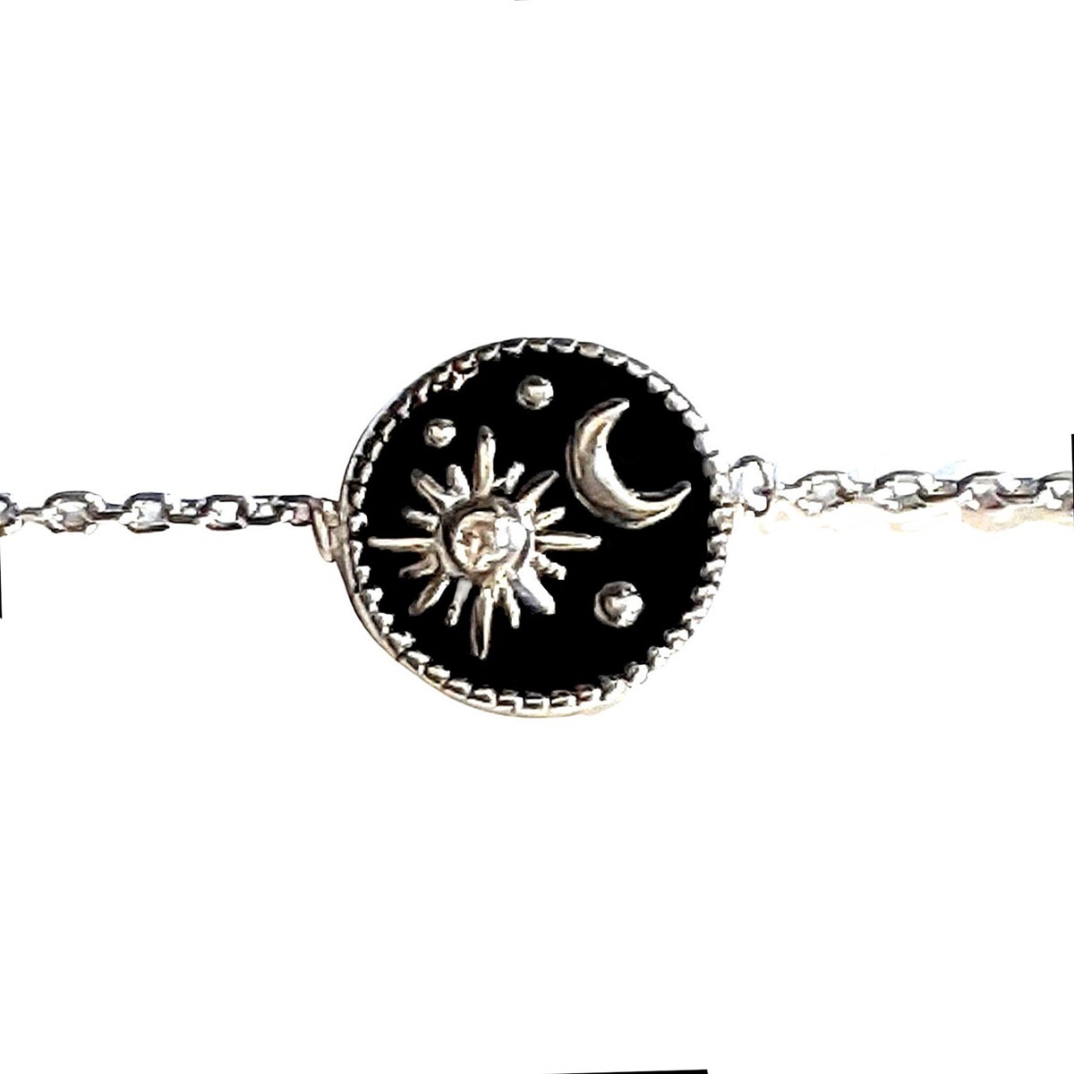 Bracelet breloque email noir lune étoile en argent 925°/00 - 18cm