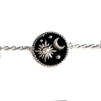 Bracelet breloque email noir lune étoile en argent 925°/00 - 18cm