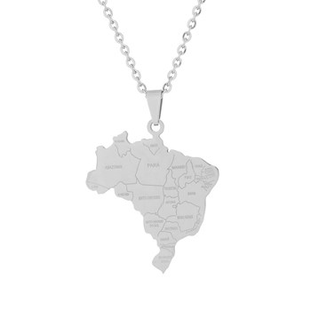 Pendentif carte du Brésil en acier argenté + chaine 3,5cm de haut