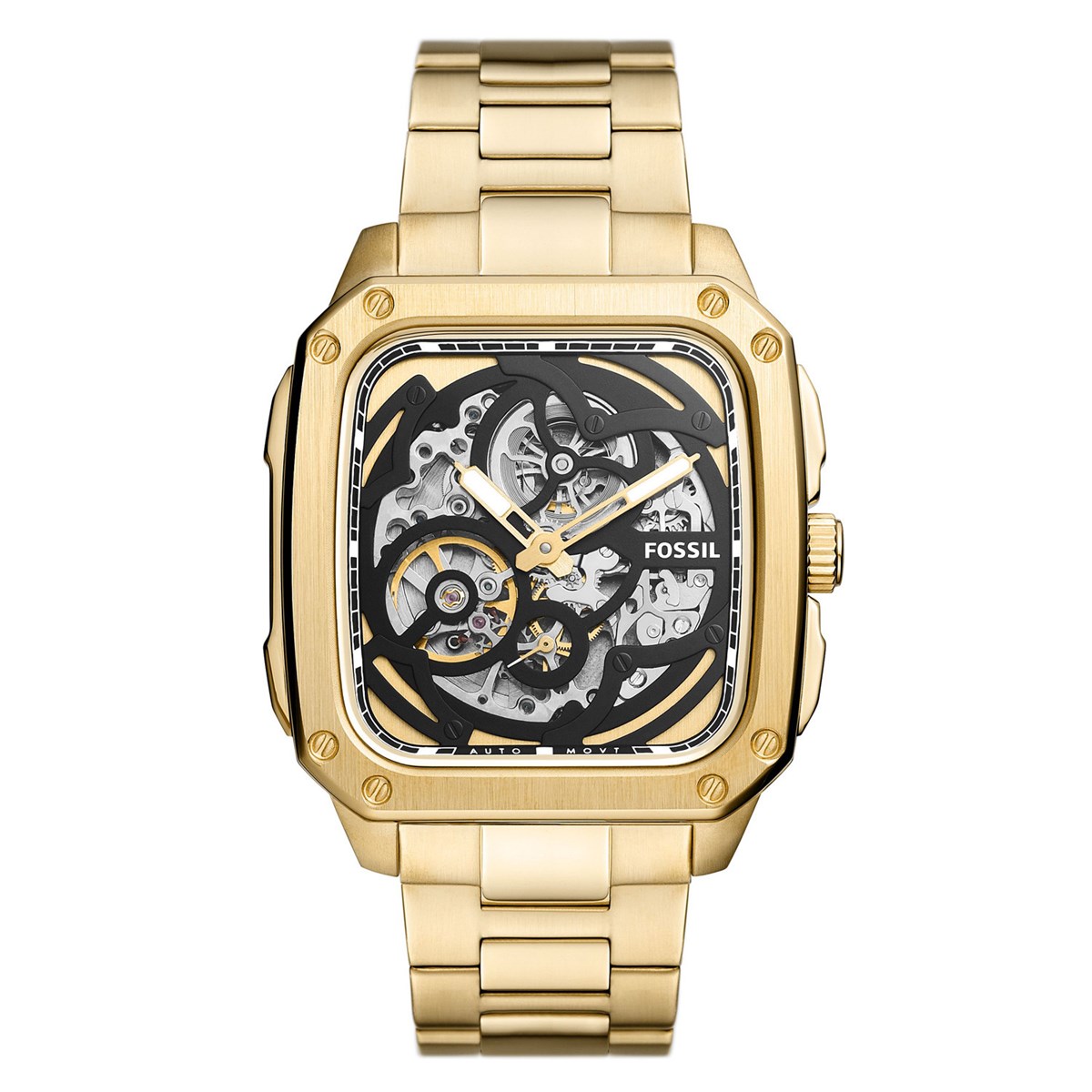 Montre Fossil automatique Inscription en acier dore