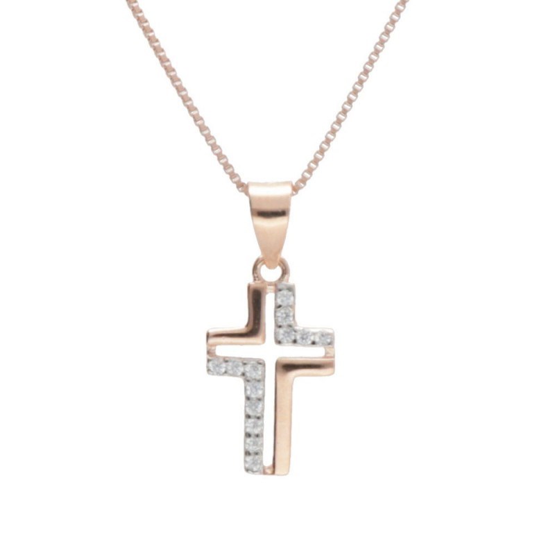 Collier Argent 925/000 Rose Gold - Croix Pavée de Zirconiums