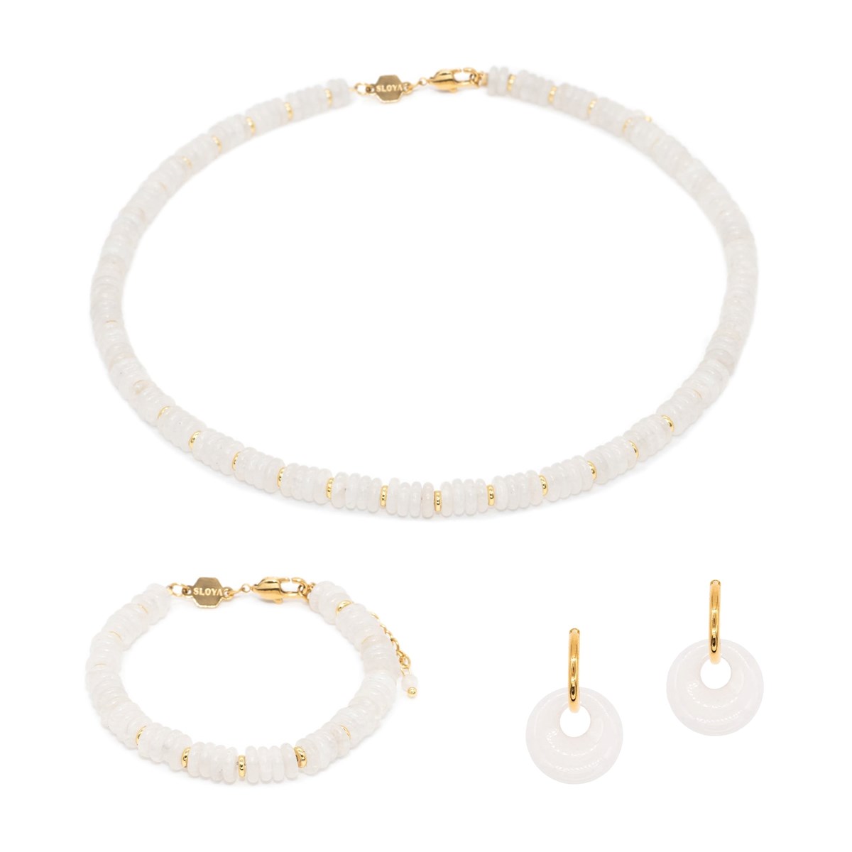 Collier, bracelet et boucles d'oreilles Blima en pierres Jade blanc