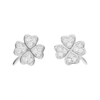 Boucles d'Oreilles Argent 925/000 Rhodié - Trèfle à Quatre Feuilles Pavé de Zirconiums