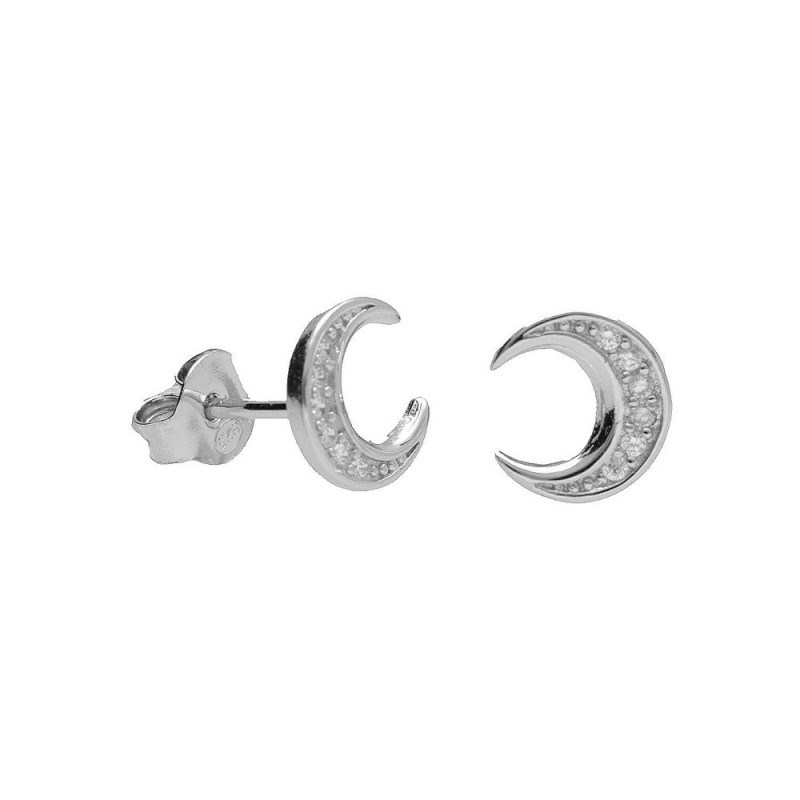 Boucles d'Oreilles Argent 925/000 Rhodié - Croissant de Lune Pavé de Zirconiums