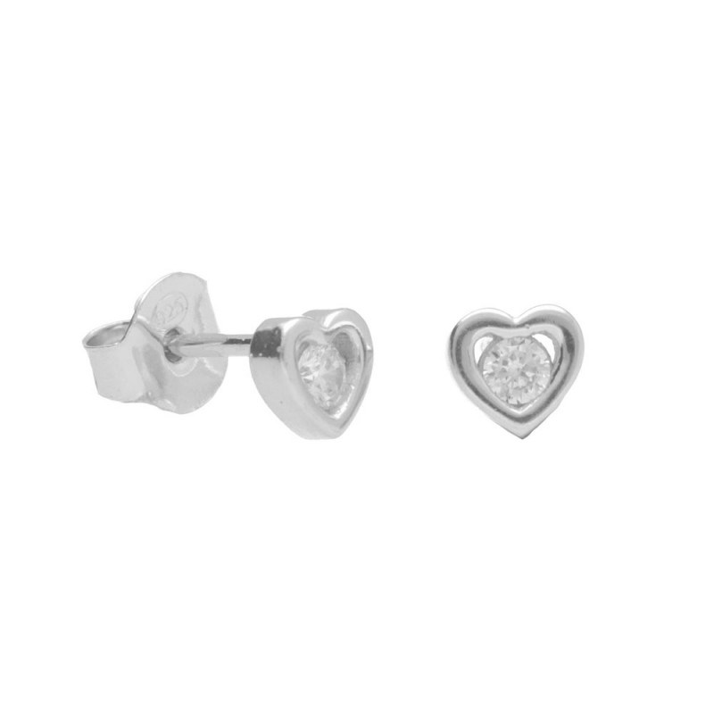 Boucles d'Oreilles Argent 925/000 Rhodié - Coeur Serti d'un Zirconium