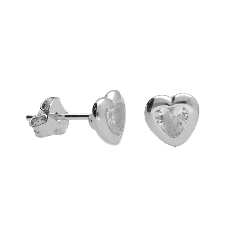 Boucles d'Oreilles Argent 925/000 Rhodié - Coeur Serti d'un Zirconium