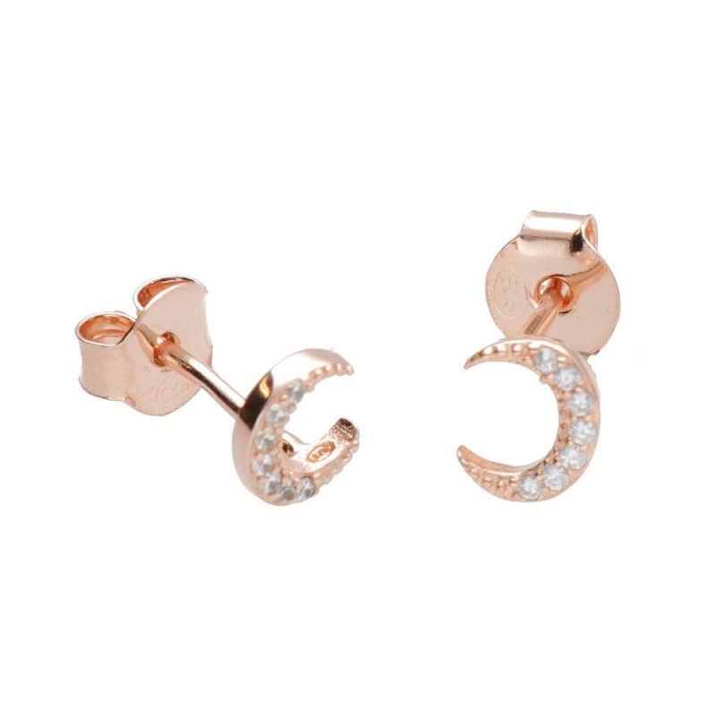 Boucles d'Oreilles Argent 925/000 Rose Gold - Croissant de Lune Pavé de Zirconiums