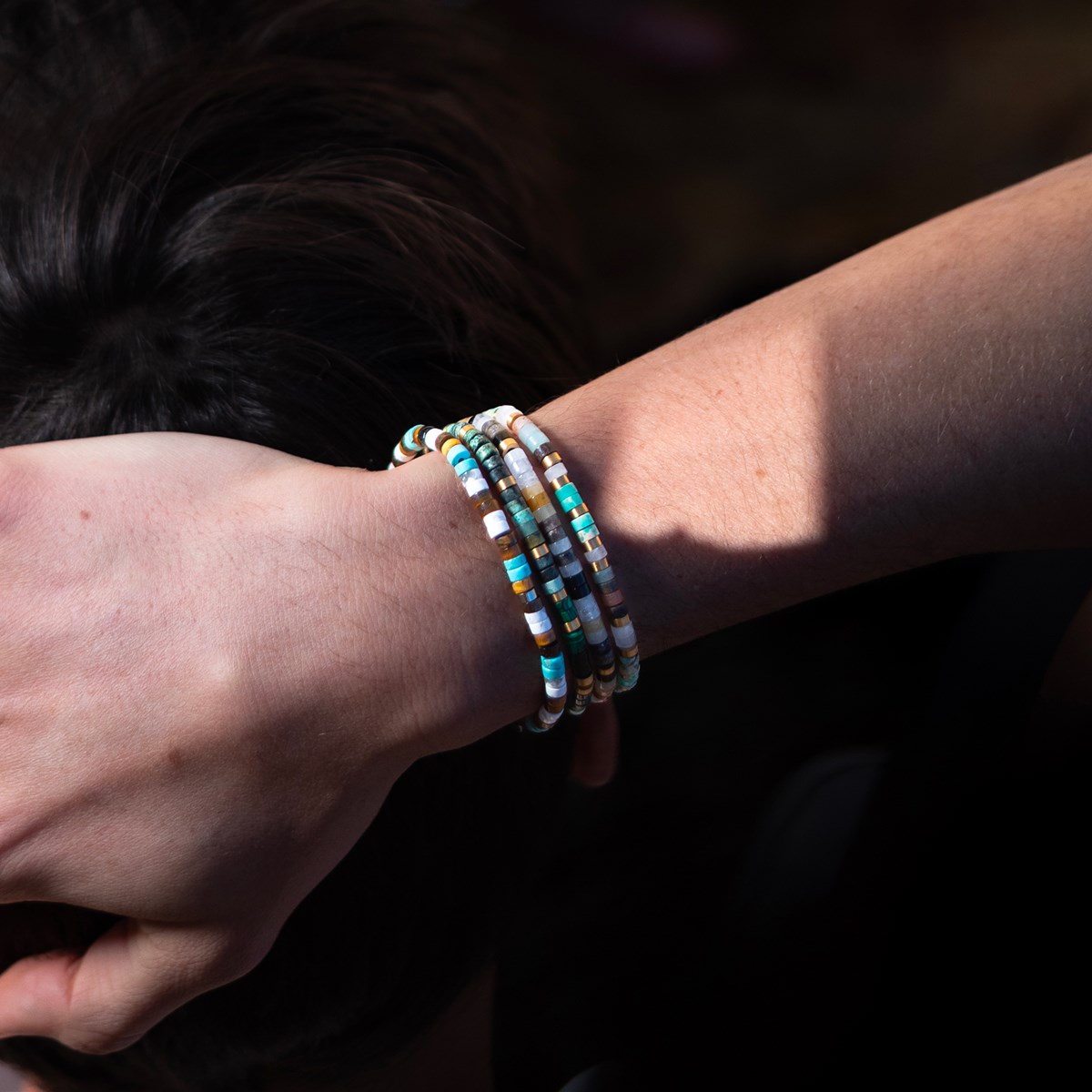 Bracelet Perles Heishi 4mm Amazonite Turquoise Africaine Et Jaspe Blanche - vue 2