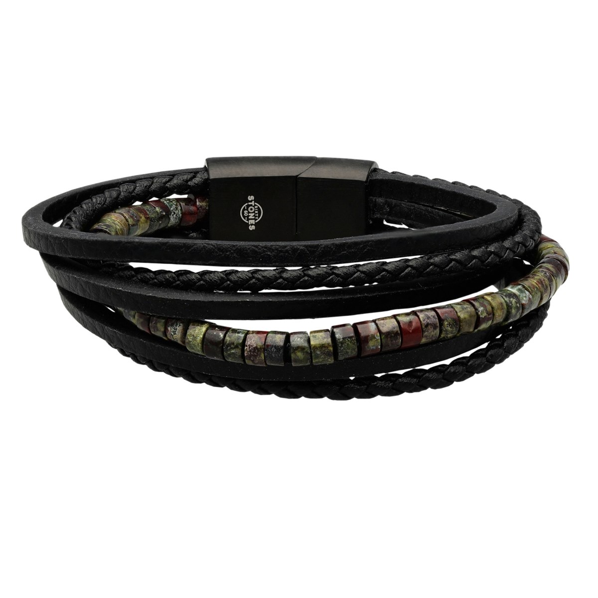 Bracelet Cuir Noir Lisse Et Tressé Avec Perle De Heishi Jaspe Sang De Dragon-Medium-18cm