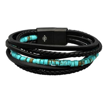 Bracelet Cuir Noir Lisse Et Tressé Avec Perle De Heishi Turquoise