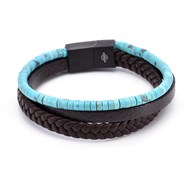 Bracelet Cuir Marron Lisse Et Tressé Avec Perle De Heishi Turquoise-Medium-18cm