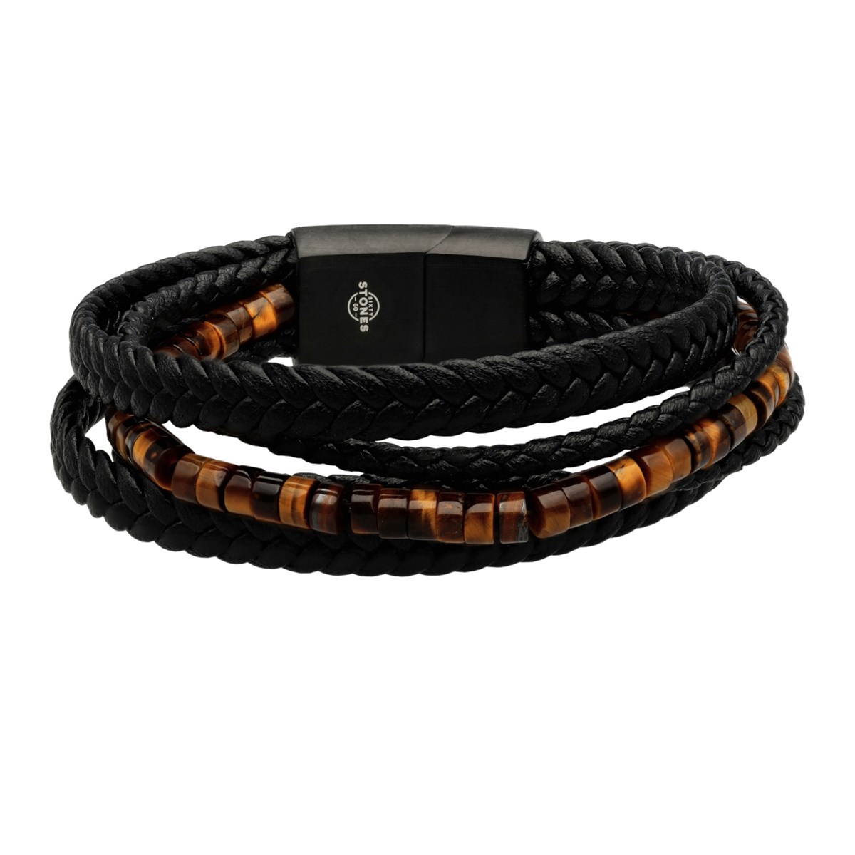 Bracelet Cuir Noir Tressé Avec Perle De Heishi Tigre