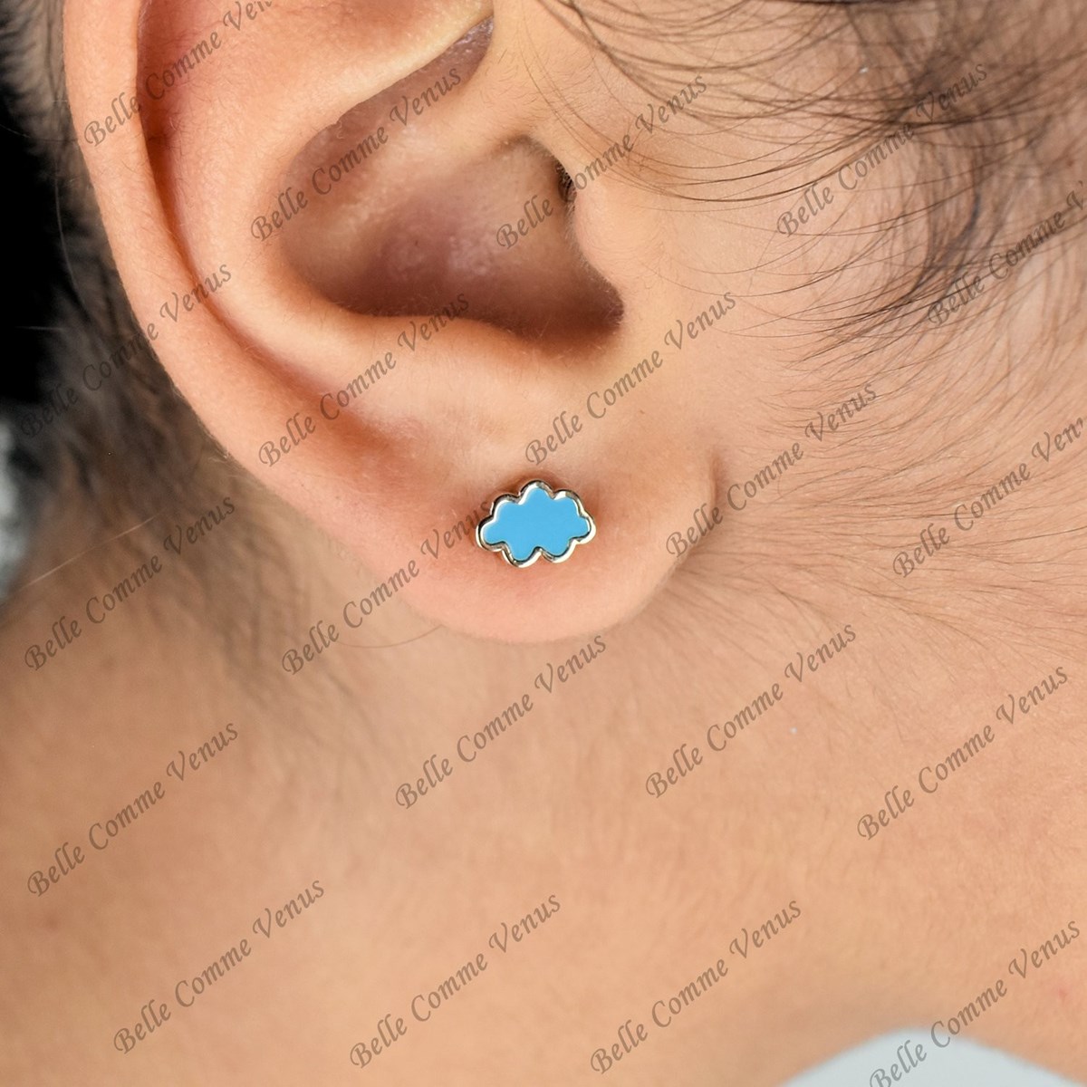 Boucles d'oreilles nuage émail coloré bleu Plaqué OR 750 3 microns - vue 3