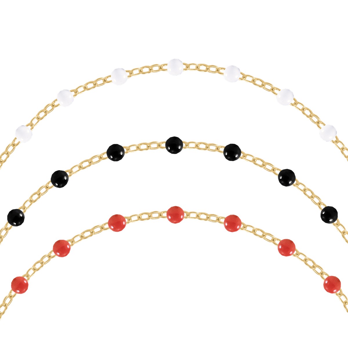 Set de trois bracelets blanc, noir et rouge en acier doré plaqué jaune