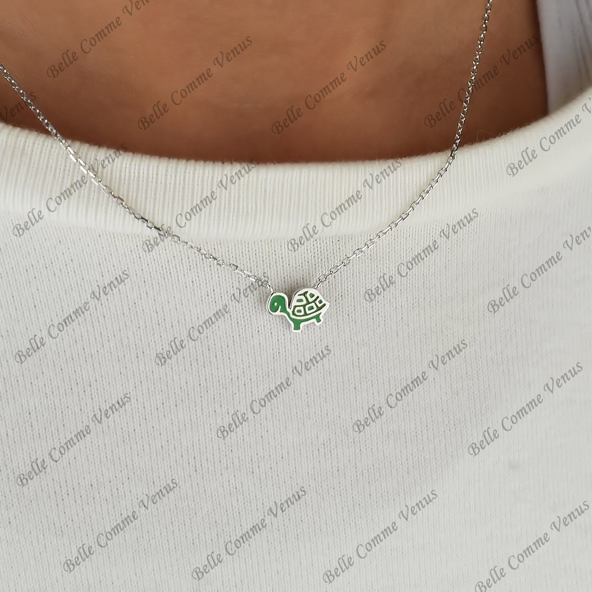 Collier tortue émail coloré vert Argent 925 Rhodié - vue 2