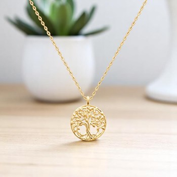 Round medal tree of life necklace Gold plated 750 3 microns
