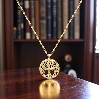Round medal tree of life necklace Gold plated 750 3 microns