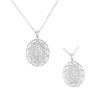 Collier médaille Vierge Miraculeuse contour ajouré motif arabesque Argent 925 Rhodié