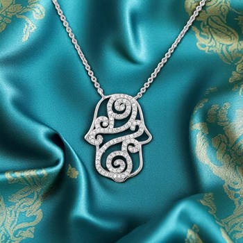 Collier main de Fatma arabesque d'oxydes de zirconiums Argent 925 Rhodié