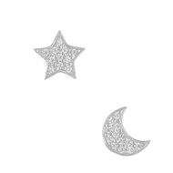 Boucles d'Oreilles Or Blanc Serties de Zirconiums - Etoile et Lune