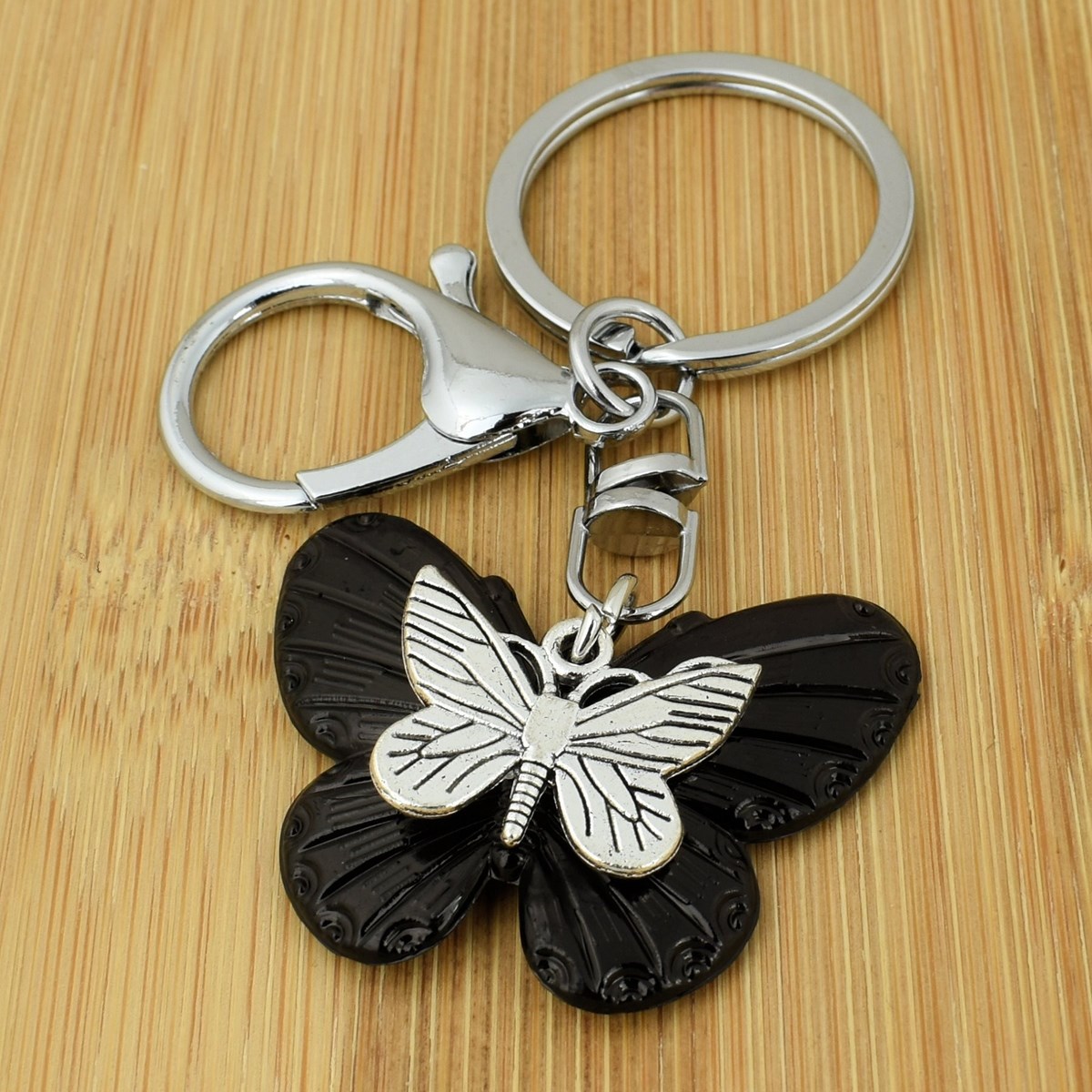 Porte-clés 2 papillons bijou de sac avec mousqueton et anneau argenté - vue 2
