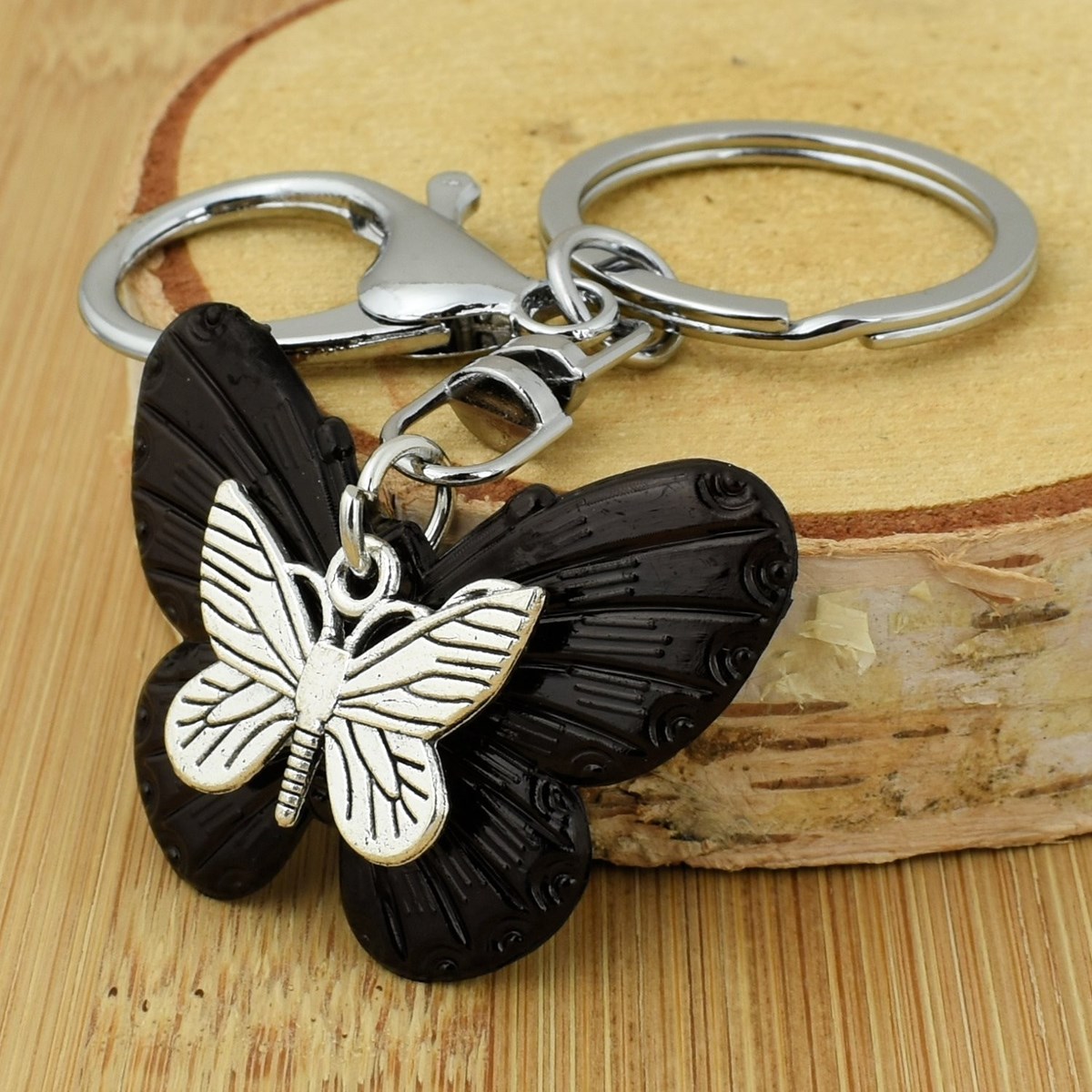 Porte-clés 2 papillons bijou de sac avec mousqueton et anneau argenté - vue 3