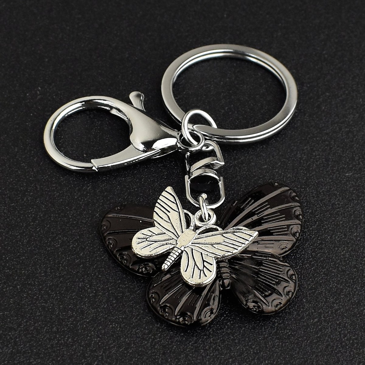 Porte-clés 2 papillons bijou de sac avec mousqueton et anneau argenté - vue 4