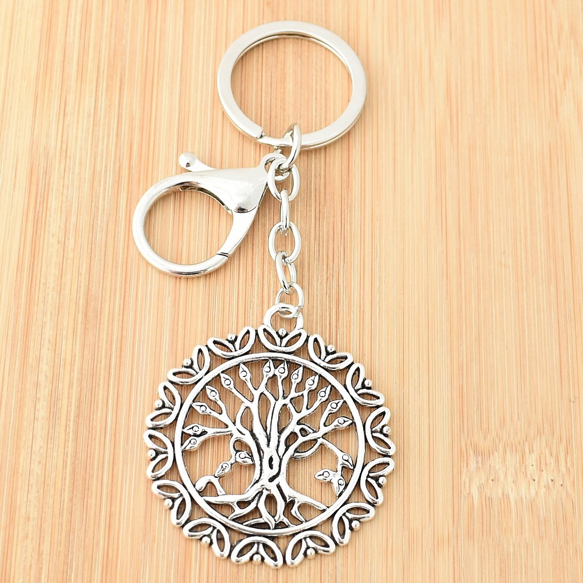 Porte-clés arbre de vie bijou de sac avec mousqueton et anneau argenté - vue 2