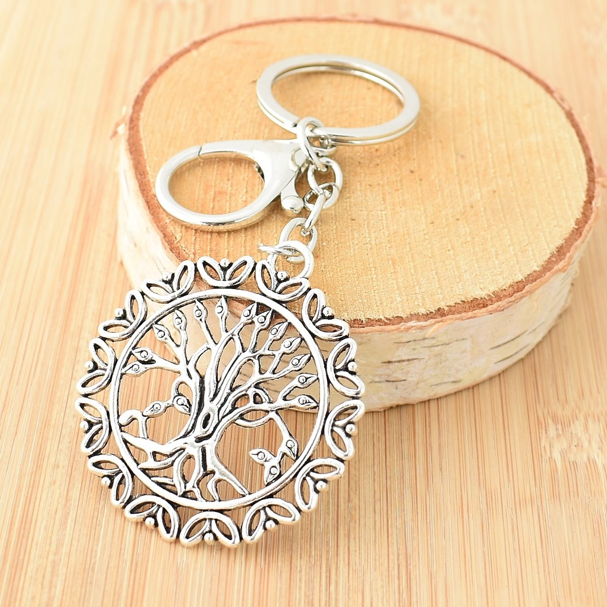 Porte-clés arbre de vie bijou de sac avec mousqueton et anneau argenté - vue 3