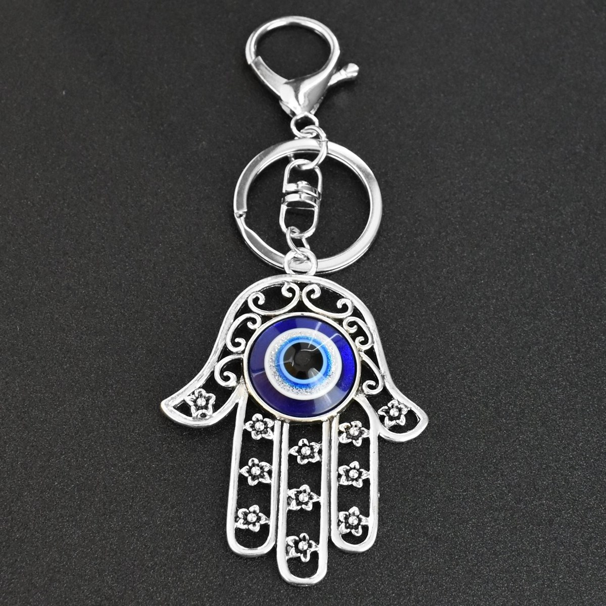 Porte-clés oeil main de Fatma bijou de sac avec mousqueton et anneau argenté - vue 2
