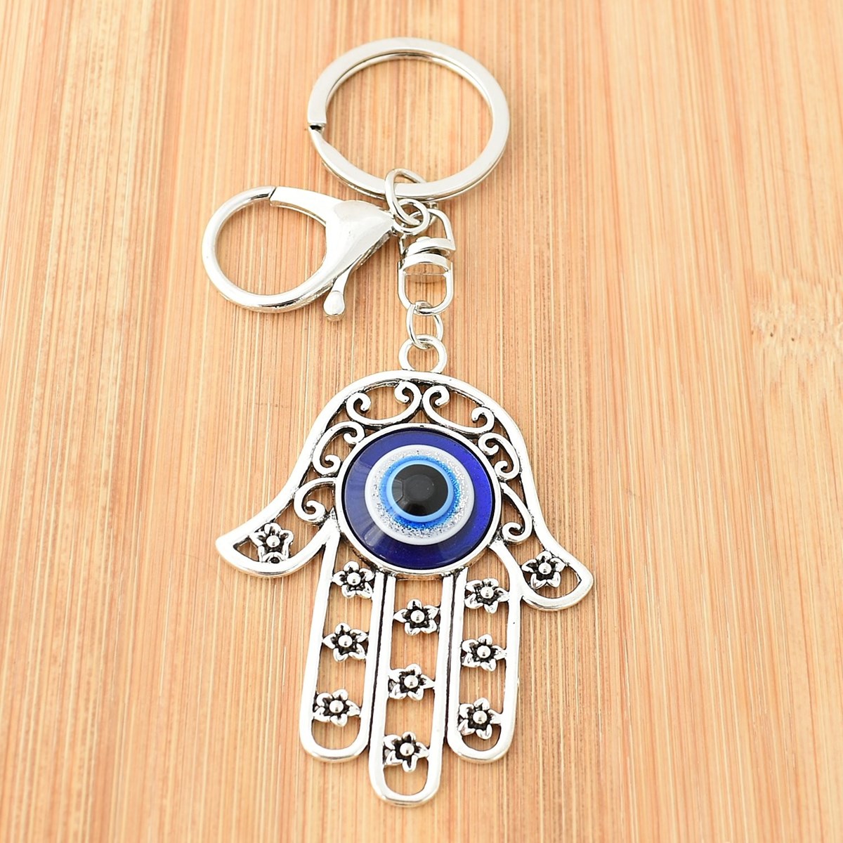 Porte-clés oeil main de Fatma bijou de sac avec mousqueton et anneau argenté - vue 3