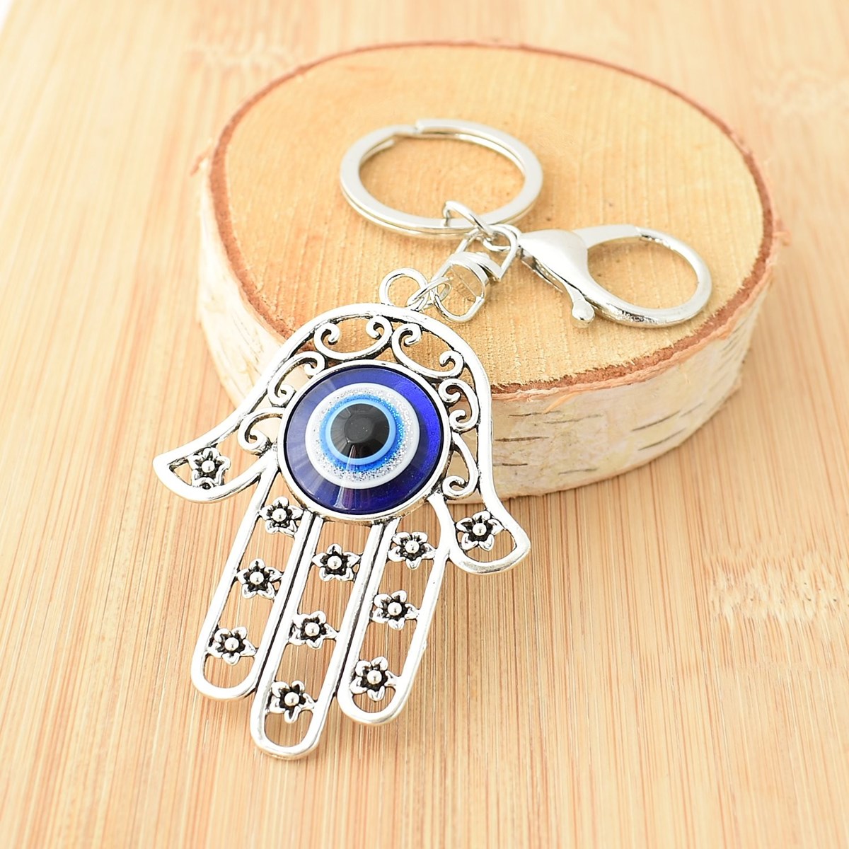 Porte-clés oeil main de Fatma bijou de sac avec mousqueton et anneau argenté - vue 4