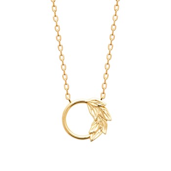 Gold plated 750 3 microns circle necklace with leaf pattern ring contour