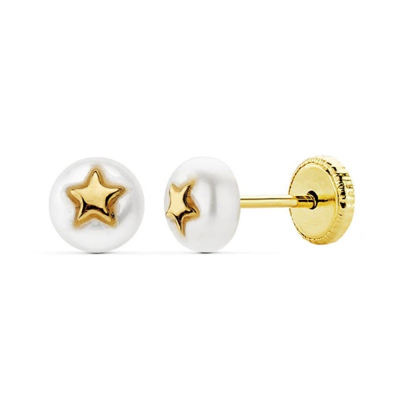 Boucles d'Oreilles Or 18 Carats 750/000 Jaune - Perles de Culture et Etoile