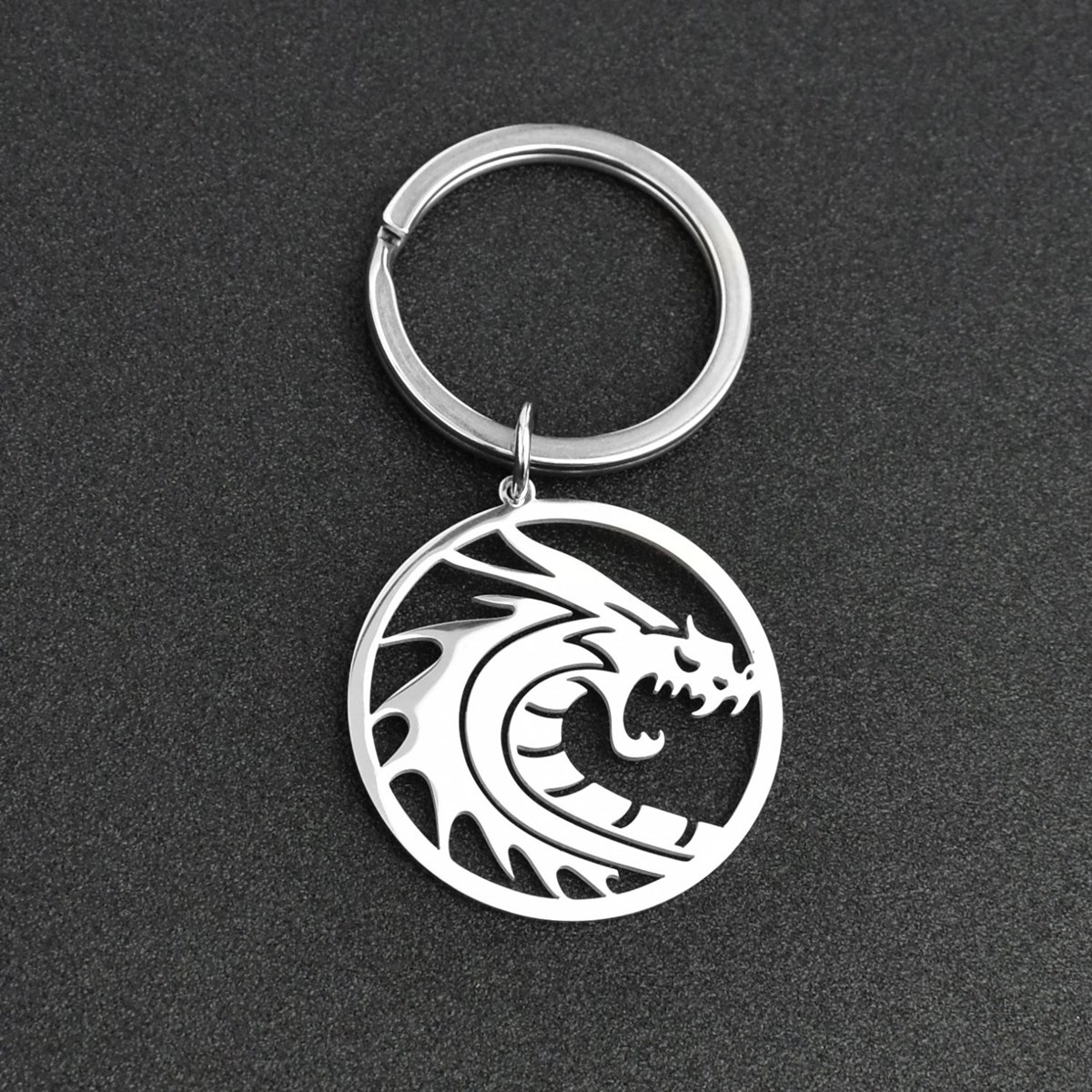 Porte-clés dragon dans un cercle acier inoxydable - vue 4