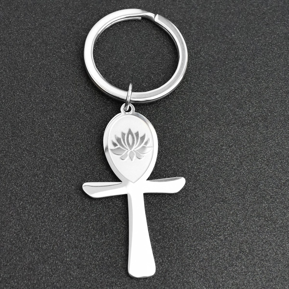 Porte-clés croix ansée ânkh fleur de lotus acier inoxydable - vue 4