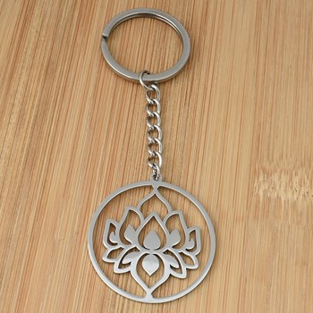 Lotus flower key ring in stainless steel circle