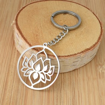 Lotus flower key ring in stainless steel circle
