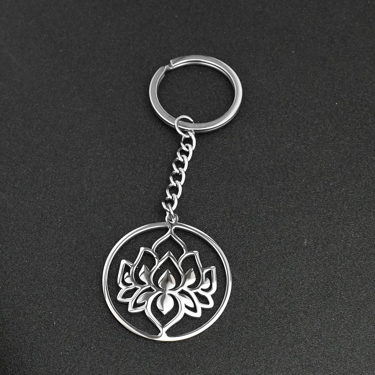 Porte-clés fleur de lotus dans un cercle acier inoxydable - vue 4